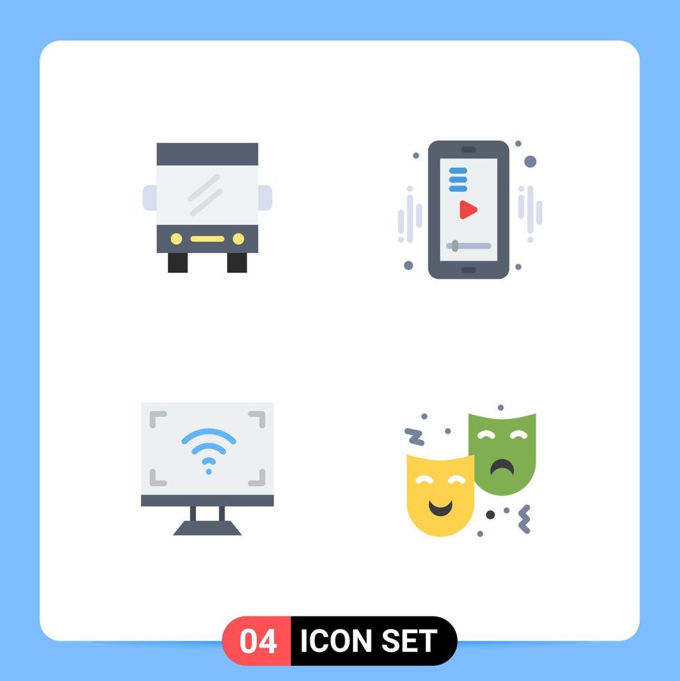 conjunto de pictogramas de 4 iconos planos simples de elementos de diseño de vector editable inteligente de reproductor de viaje multimedia de autobús