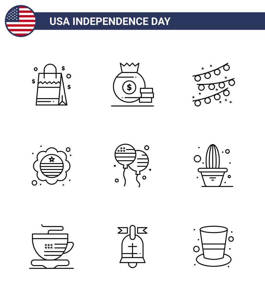 Happy Independence Day 9 Lines Icon Pack for Web and Print fly bloon buntings badge flag Editable USA Day Vector Design Elements