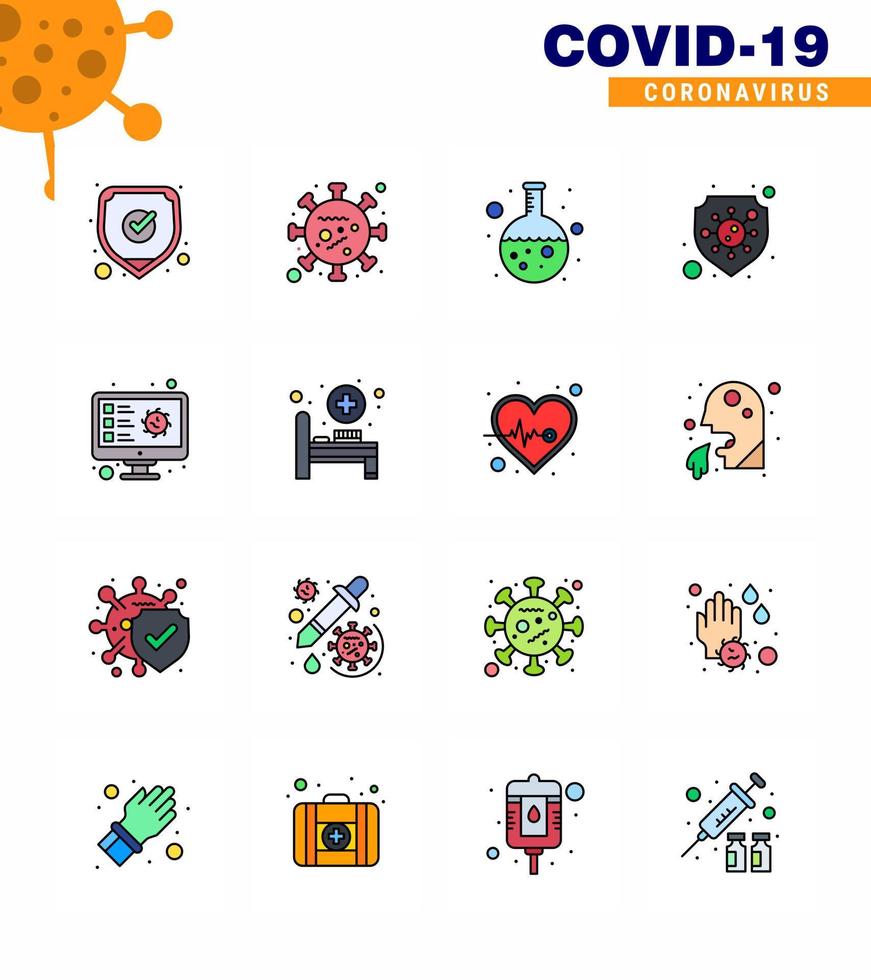 Corona virus 2019 and 2020 epidemic 16 Flat Color Filled Line icon pack such as computer shield microorganism safety research viral coronavirus 2019nov disease Vector Design Elements