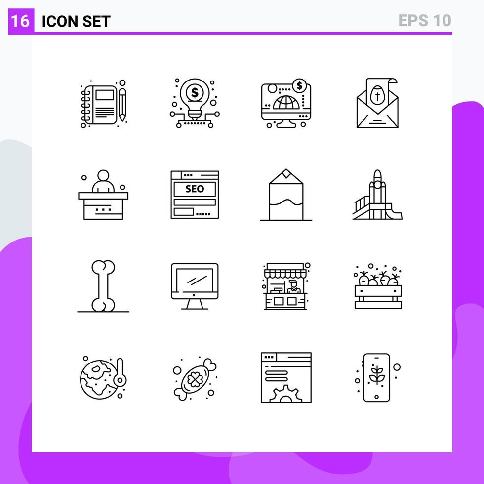 Editable Vector Line Pack of 16 Simple Outlines of classroom easter stock mail money Editable Vector Design Elements