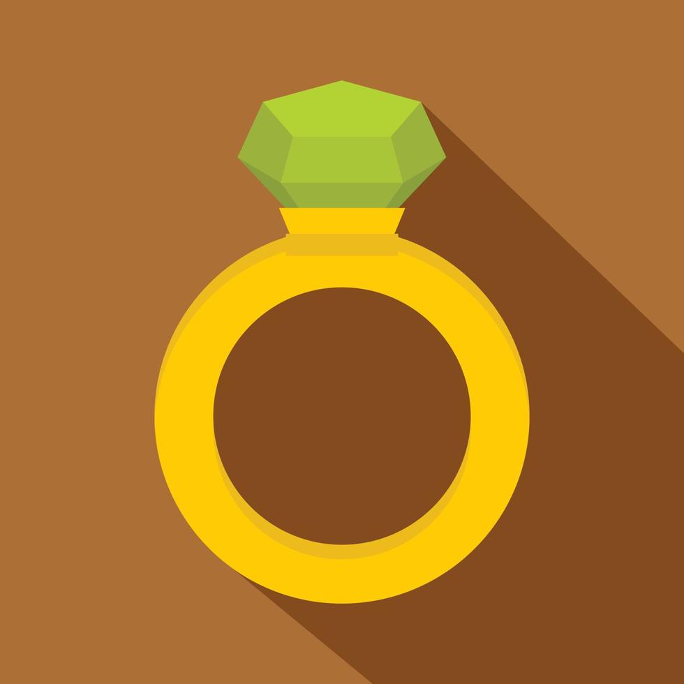 Gold ring with green gem icon, flat style vector