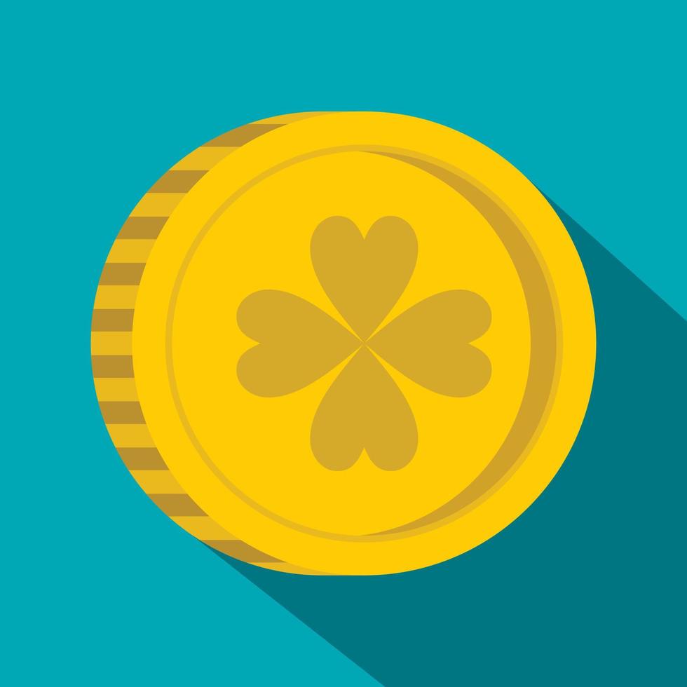 Golden coin with clover sign icon, flat style vector