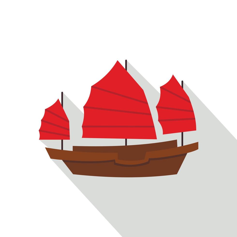 Chinese boat with red sails icon, flat style vector