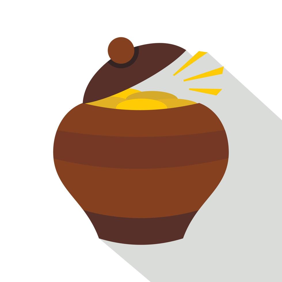 olla de barro llena de monedas de oro, icono de estilo plano vector