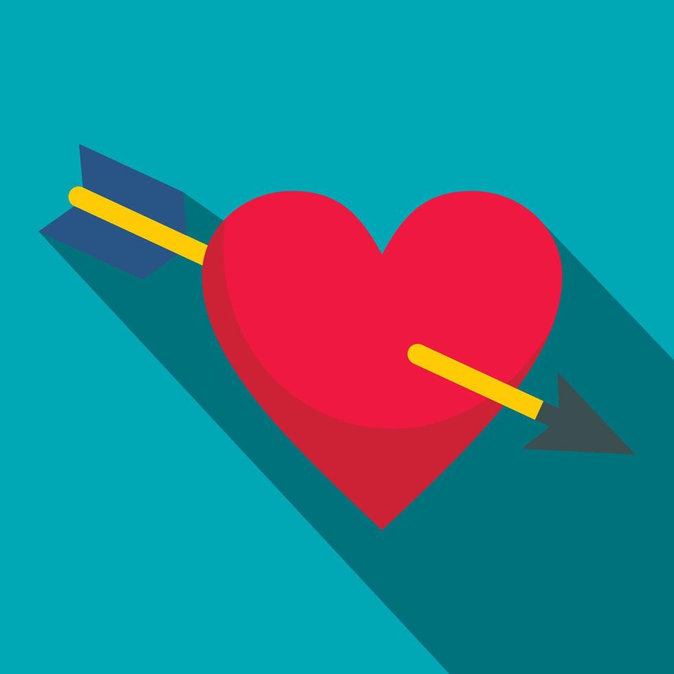 Heart pierced by Cupid arrow icon, flat style vector