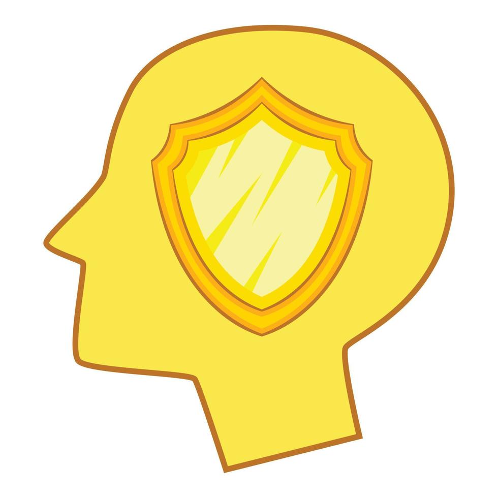 Shield inside human head icon, cartoon style vector