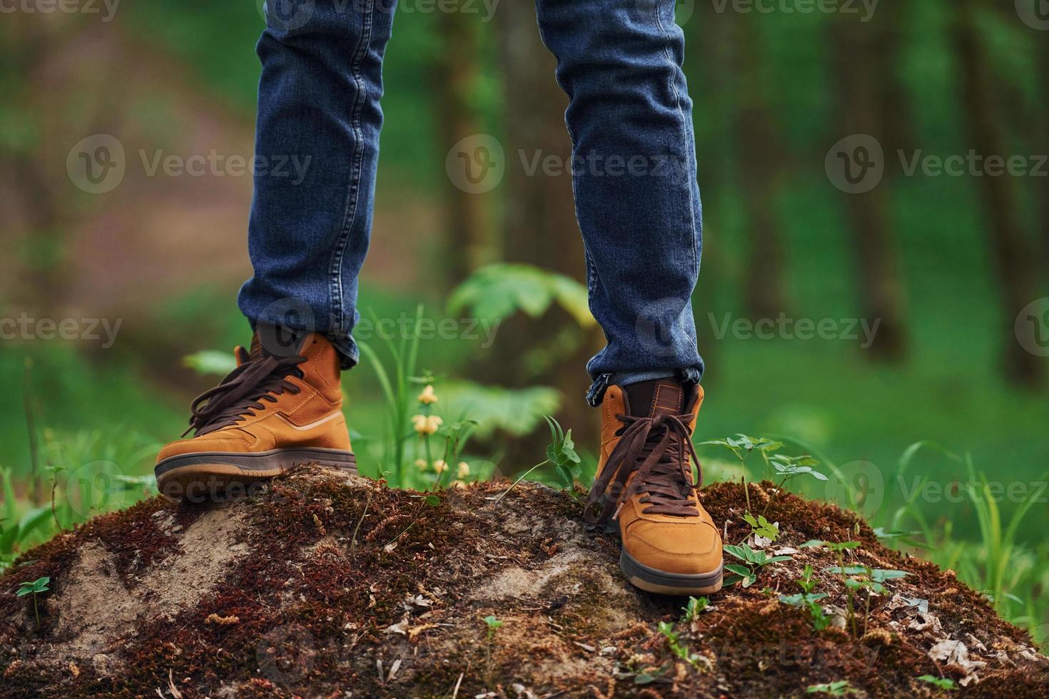 Close up view of man's legs on the rock in forest. Traveler have a walk photo