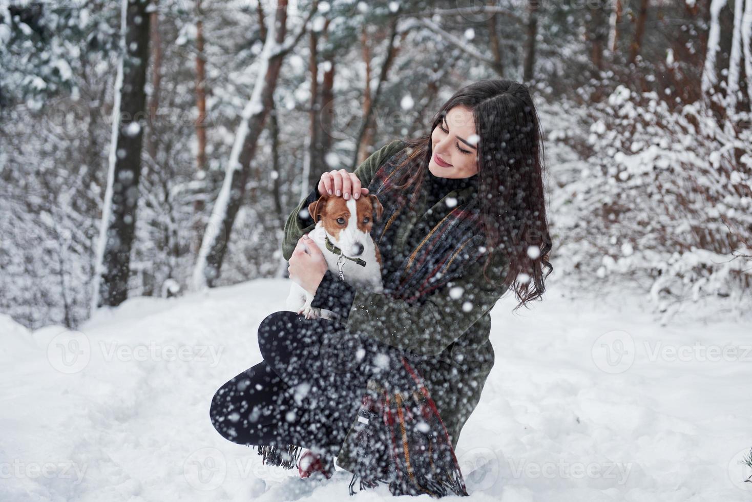 el perro quiere ir mientras la chica lo acaricia. morena sonriente divirtiéndose mientras camina con su mascota en el parque de invierno foto