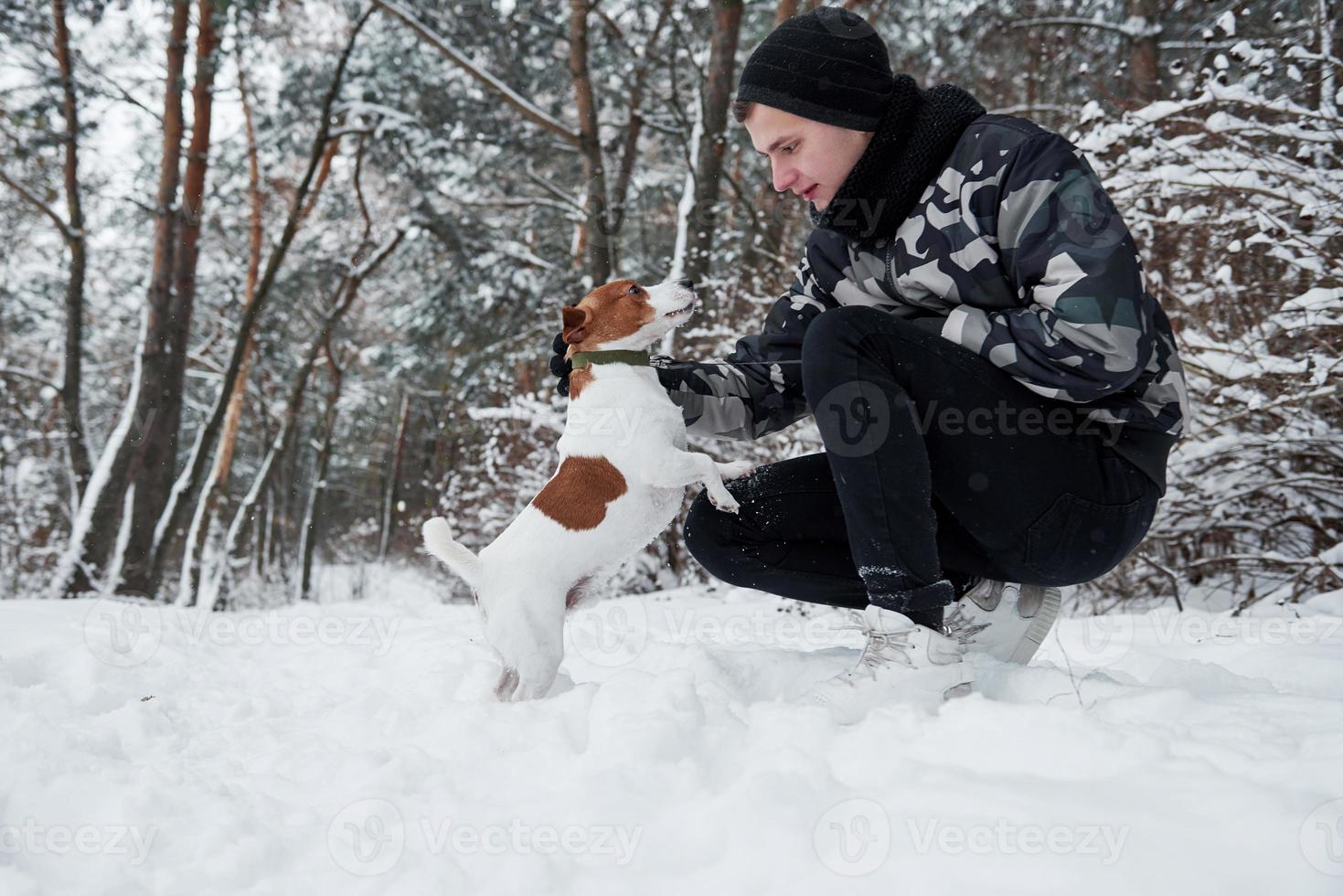 Side view. Man in warm clothes sitting and playing with his dog in the winter forest photo