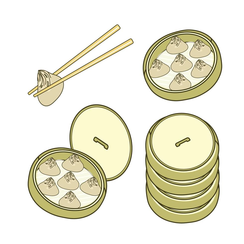 Set of Xiao long bao and bamboo steamers vector illustration