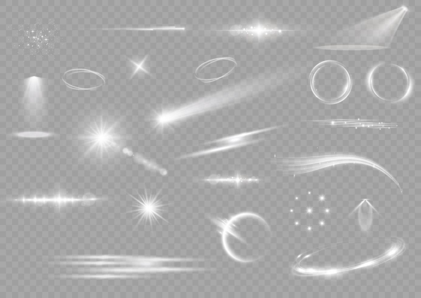 Light effect set. Glow isolated white light effect set. lens flare, explosion, glitter, dust, line, sun flash, spark and stars, spotlight, curve twirl. Sunlight, abstract special effect. vector