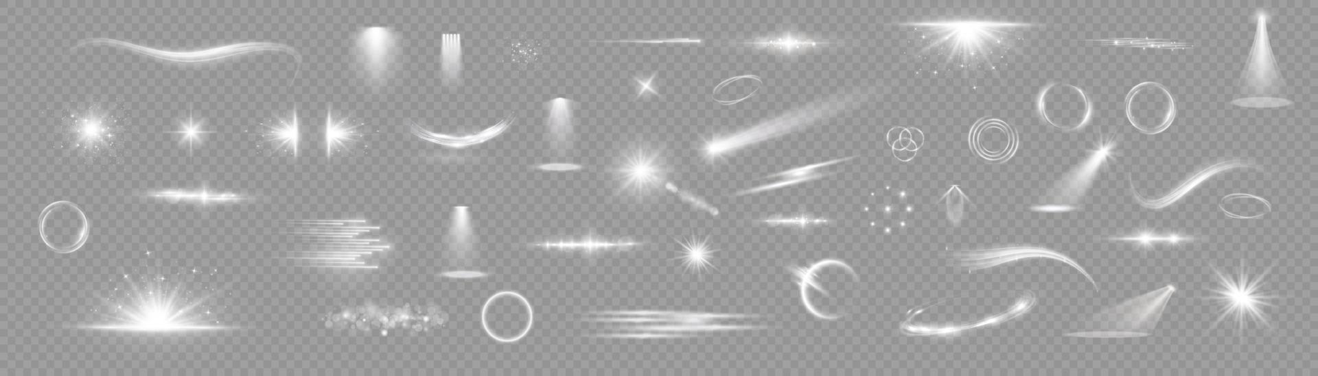 Light effect set. Glow isolated white light effect set. lens flare, explosion, glitter, dust, line, sun flash, spark and stars, spotlight, curve twirl. Sunlight, abstract special effect. vector