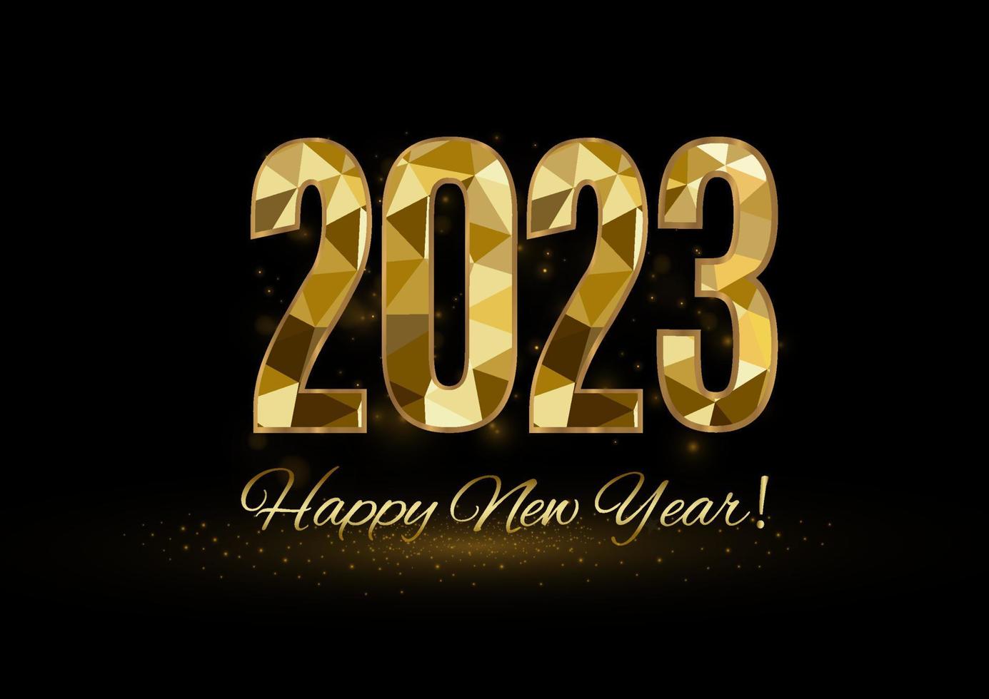 2023 Happy New Year background design. Postcard, banner, poster. Handwritten lettering, design, sparkling, gold, star. vector