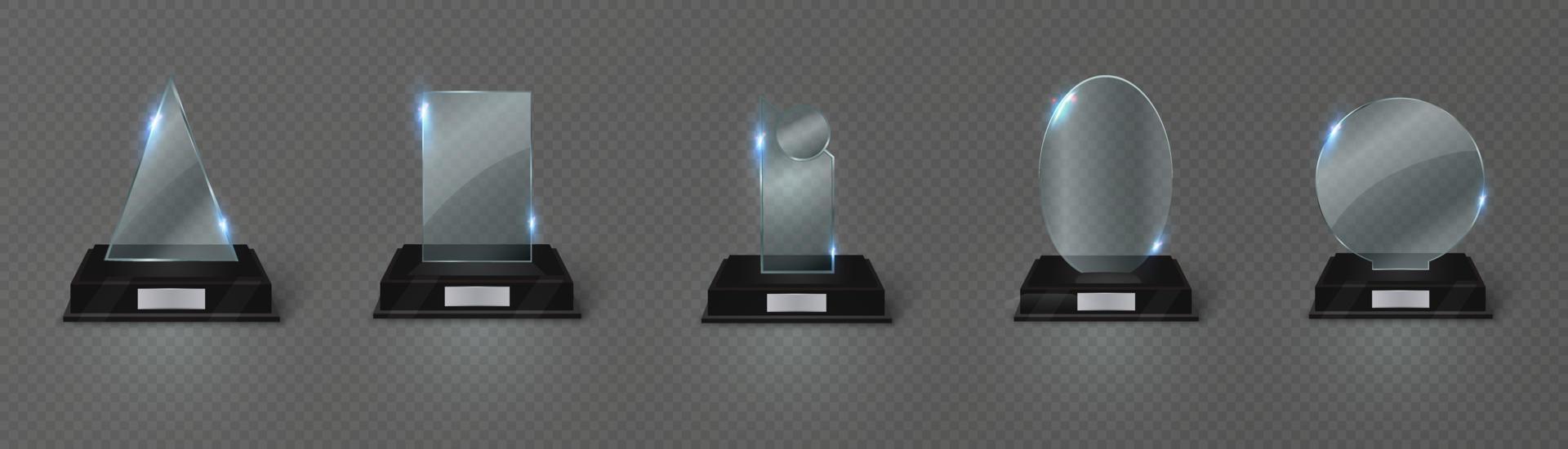 Empty glass trophy background. Glossy trophy for award. Realistic empty illustration. Black booth 3D. Vector crystal trophy for winner and achievements. Cup for the champion.