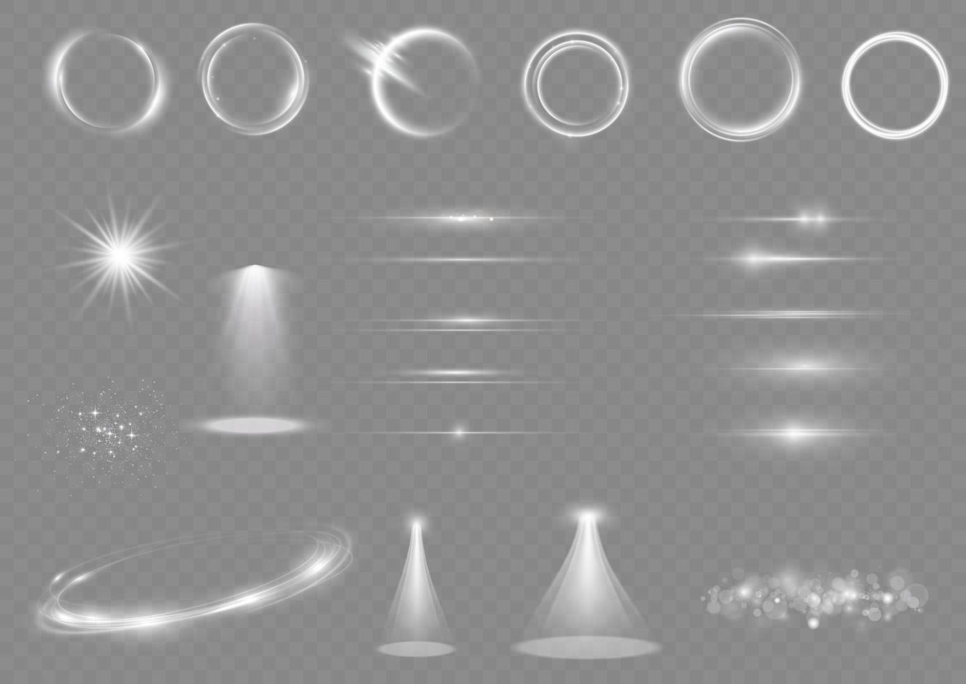 Sunlight, abstract special effect. Light effect set. Glow isolated white  light effect set. lens flare, explosion, glitter, dust, line, sun flash, spark and stars, spotlight, curve twirl. vector