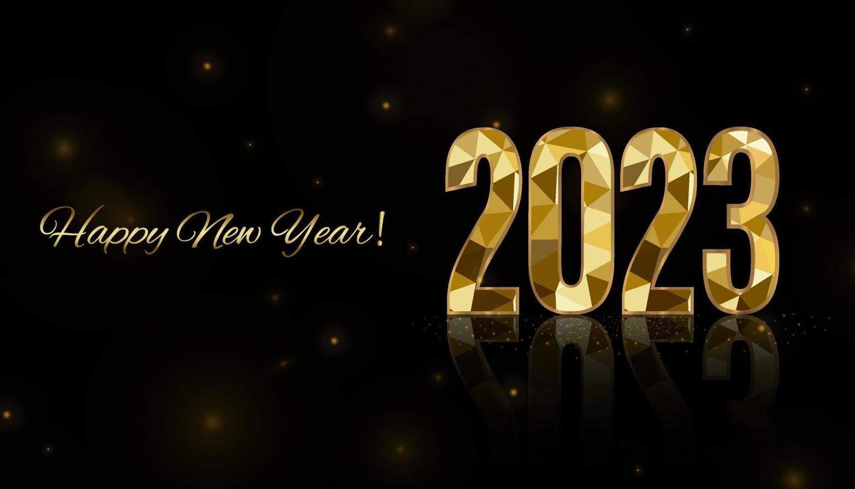 2023 Happy New Year background design. Postcard, banner, poster. Handwritten lettering, design, sparkling, gold, star. vector