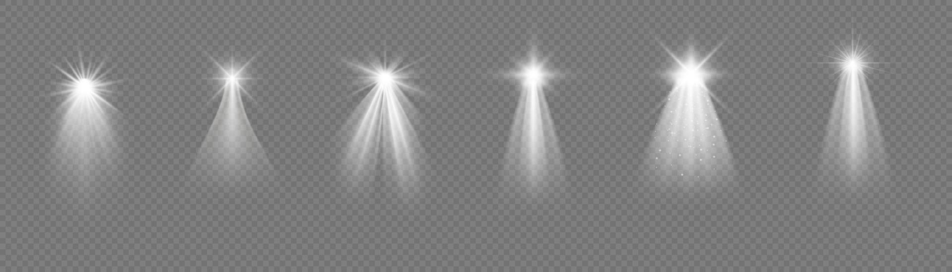 Christmas star with spotlight. Light effect white color. Glowing isolated white sparkling light effect. Spark spotlight special effect design. Ray vector element.