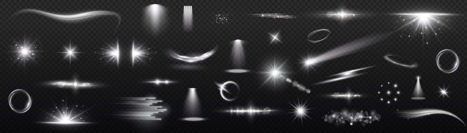 Sunlight, abstract special effect. Light effect set. Glow isolated white  light effect set. lens flare, explosion, glitter, dust, line, sun flash, spark and stars, spotlight, curve twirl. vector