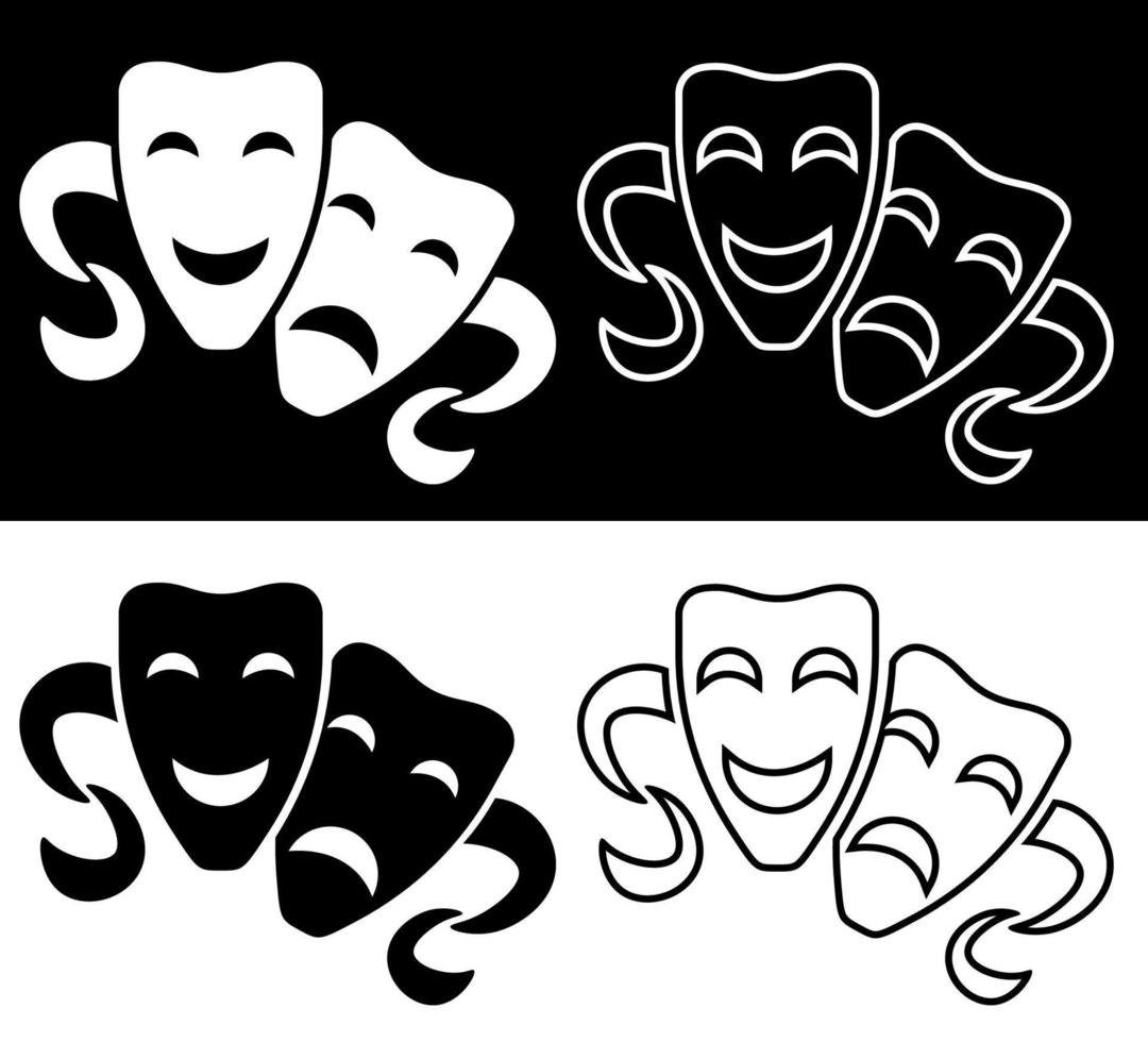 set of comedy and tragic theatrical masks icons. Theatrical premieres, circus poster. Vector