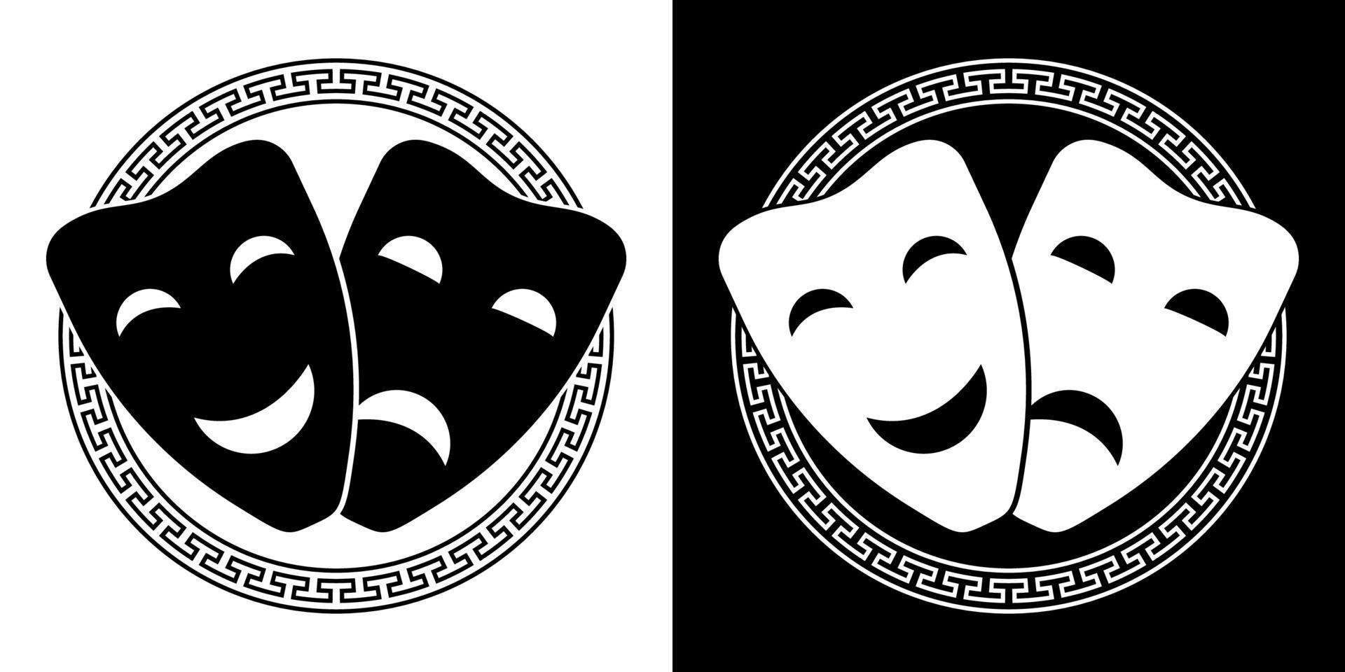 set of comedy and tragic theatrical masks framed in Greek ornament. Theatrical premieres, circus poster. Vector