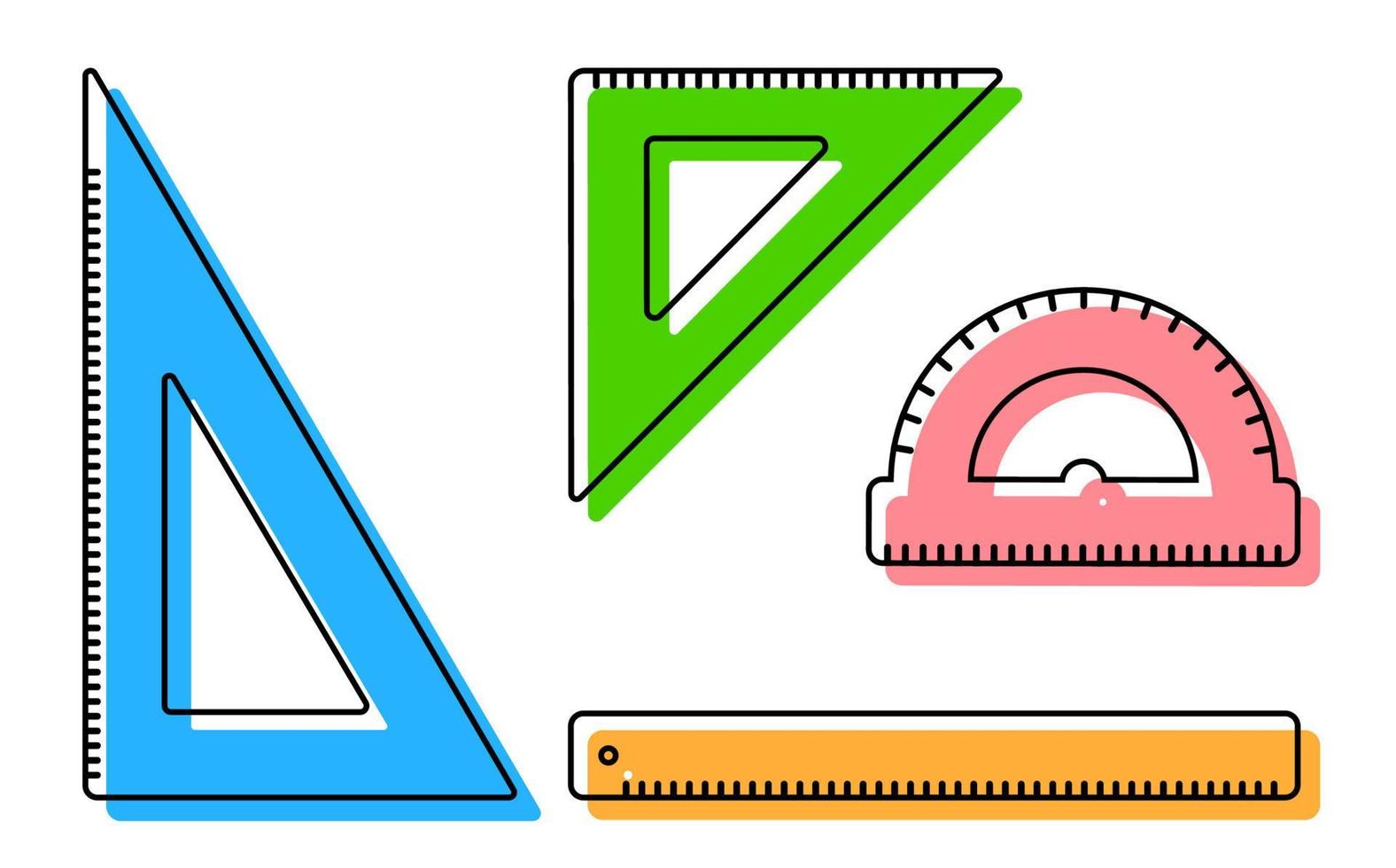 Ruler, protractor, triangle icons. School measuring instruments. School teaching, drawing, geometry. Vector