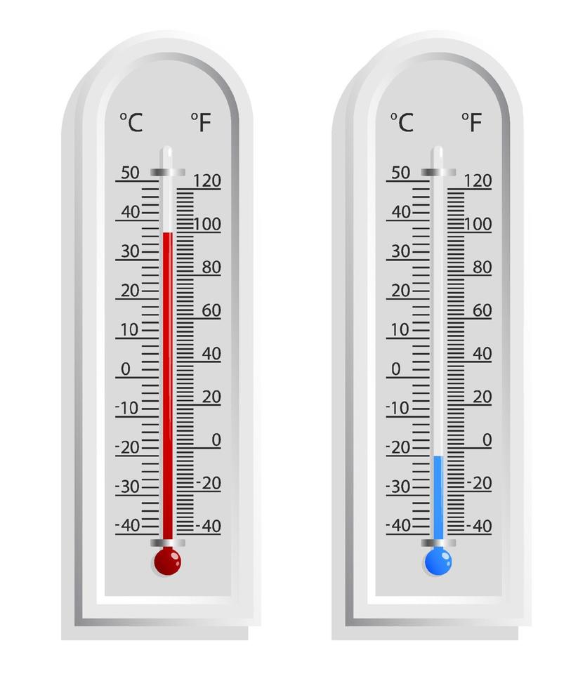 Termómetro meteorológico realista con temperatura alta y baja. medición de temperatura exterior. vector aislado sobre fondo blanco