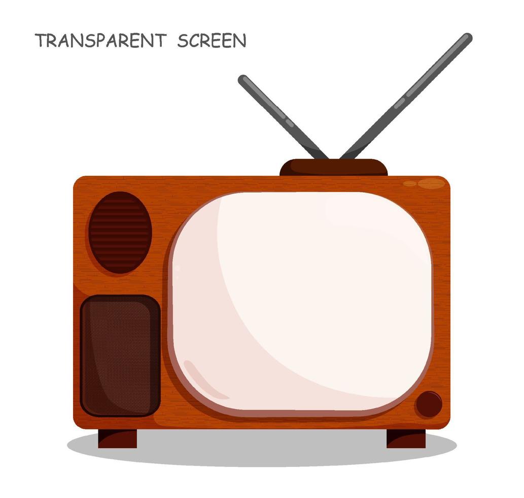 old wooden TV with antenna. Vintage TV set in cartoon style with blank transparent screen. World Television Day 21 November. Vector
