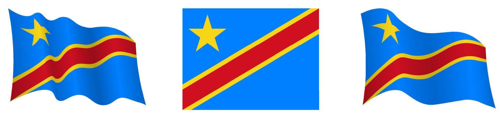 Republic of Congo flag in static position and in motion, fluttering in wind in exact colors and sizes, on white background vector