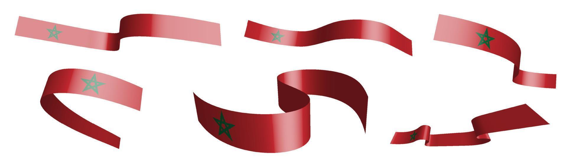 Set of holiday ribbons. Morocco flag waving in wind. Separation into lower and upper layers. Design element. Vector on white background