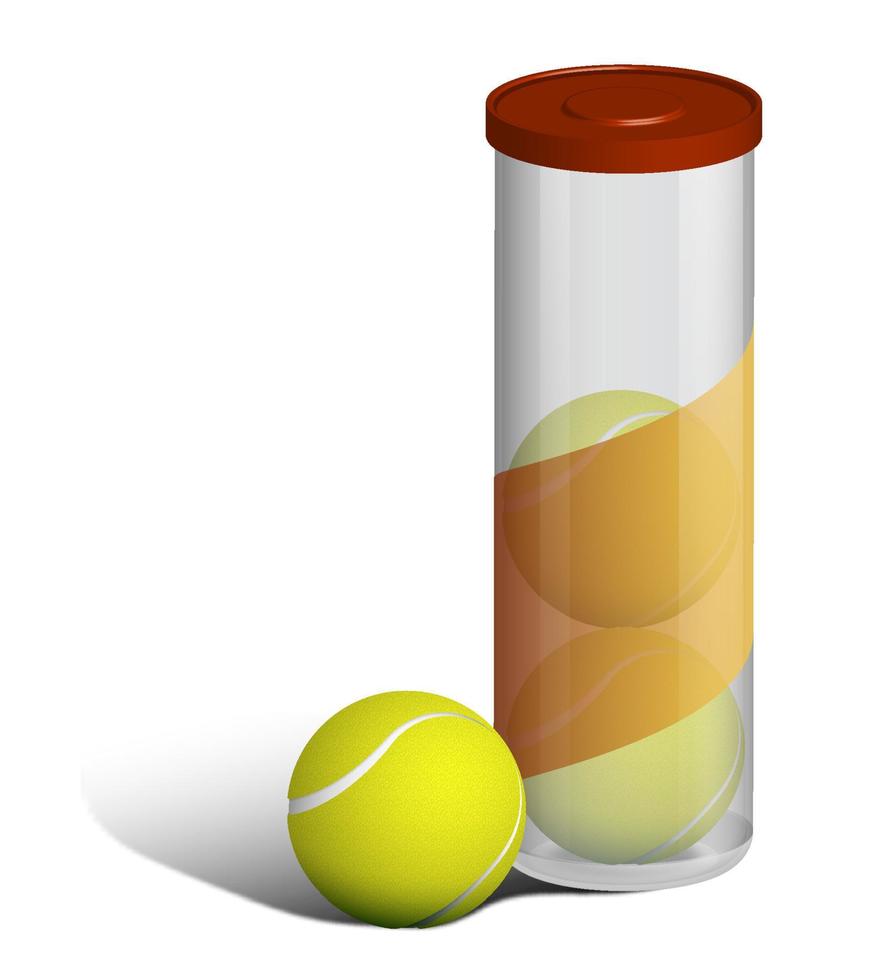 realistic tennis ball in tube, transparent plastic container isolated on white background. World tennis tournament. Sport equipment. Vector