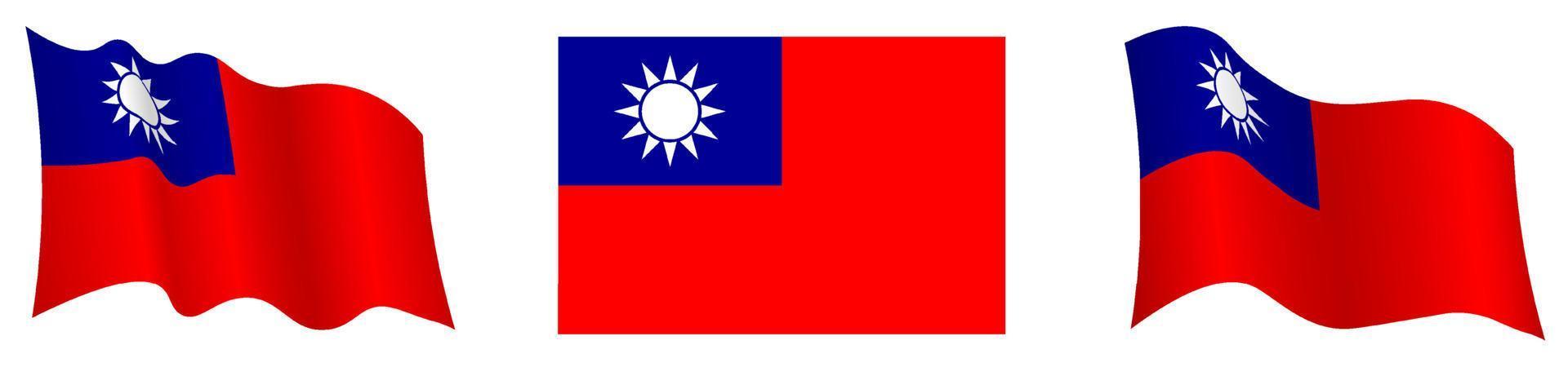 Republic of Taiwan flag in static position and in motion, fluttering in wind in exact colors and sizes, on white background vector