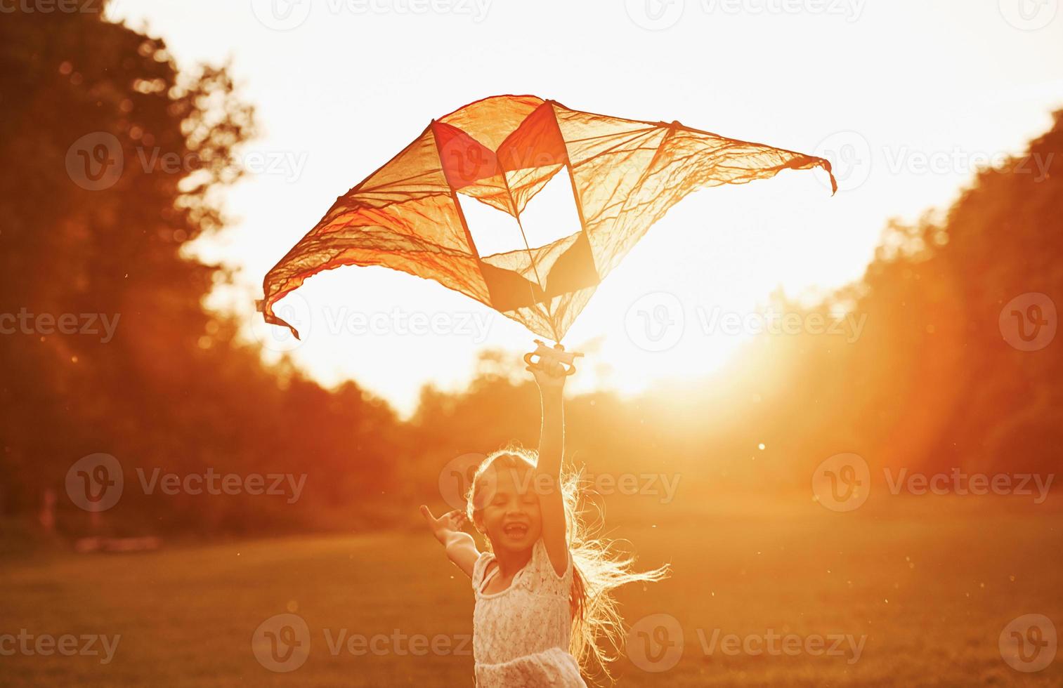 At sunset time. Happy girl in white clothes have fun with kite in the field. Beautiful nature photo