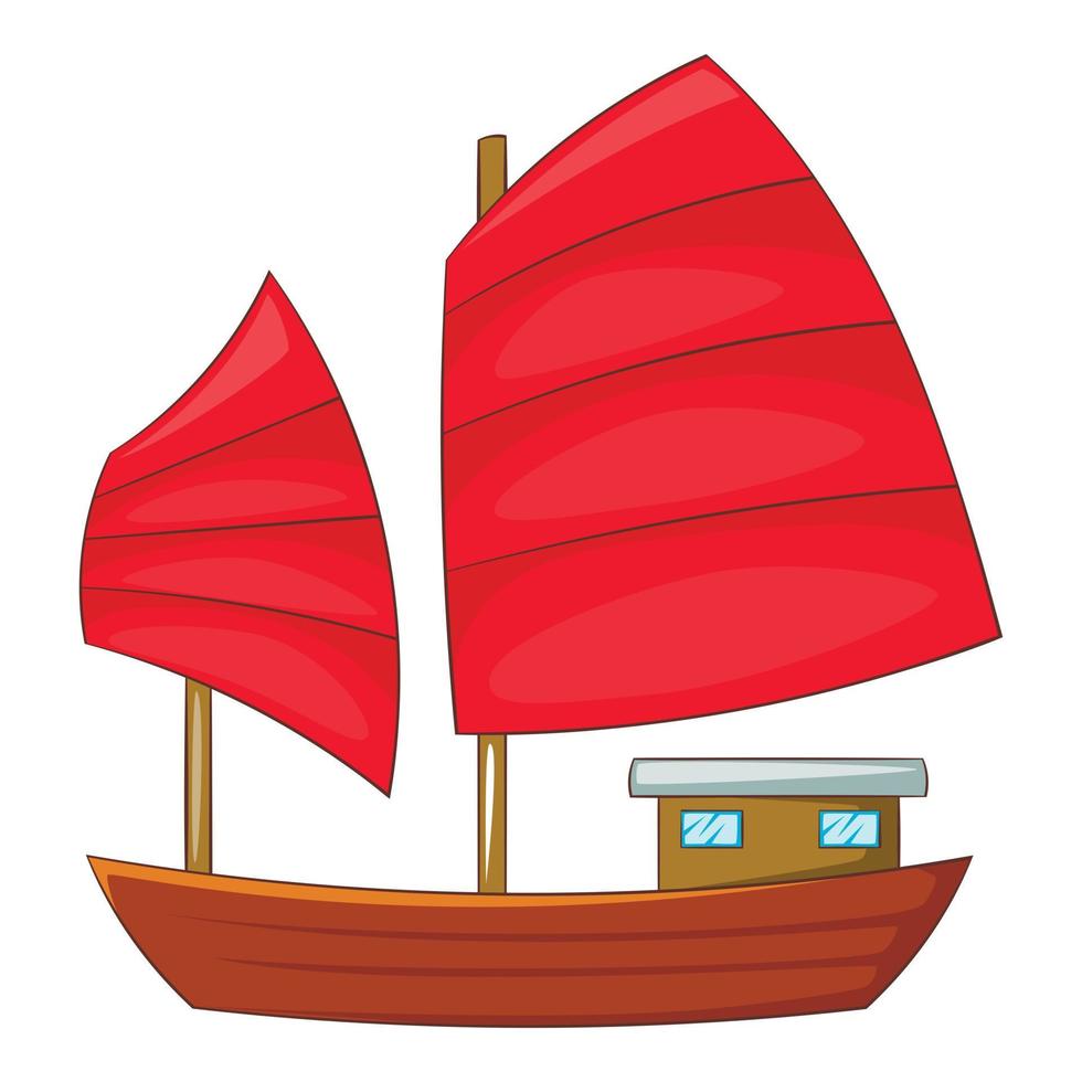 Junk boat with red sails icon, cartoon style vector