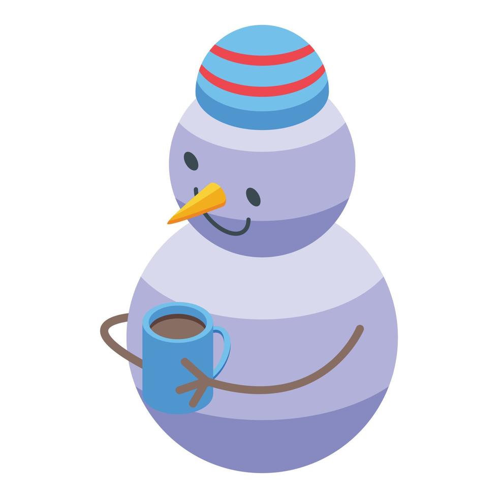muñeco de nieve con vector isométrico de icono de taza de té. hombre de invierno