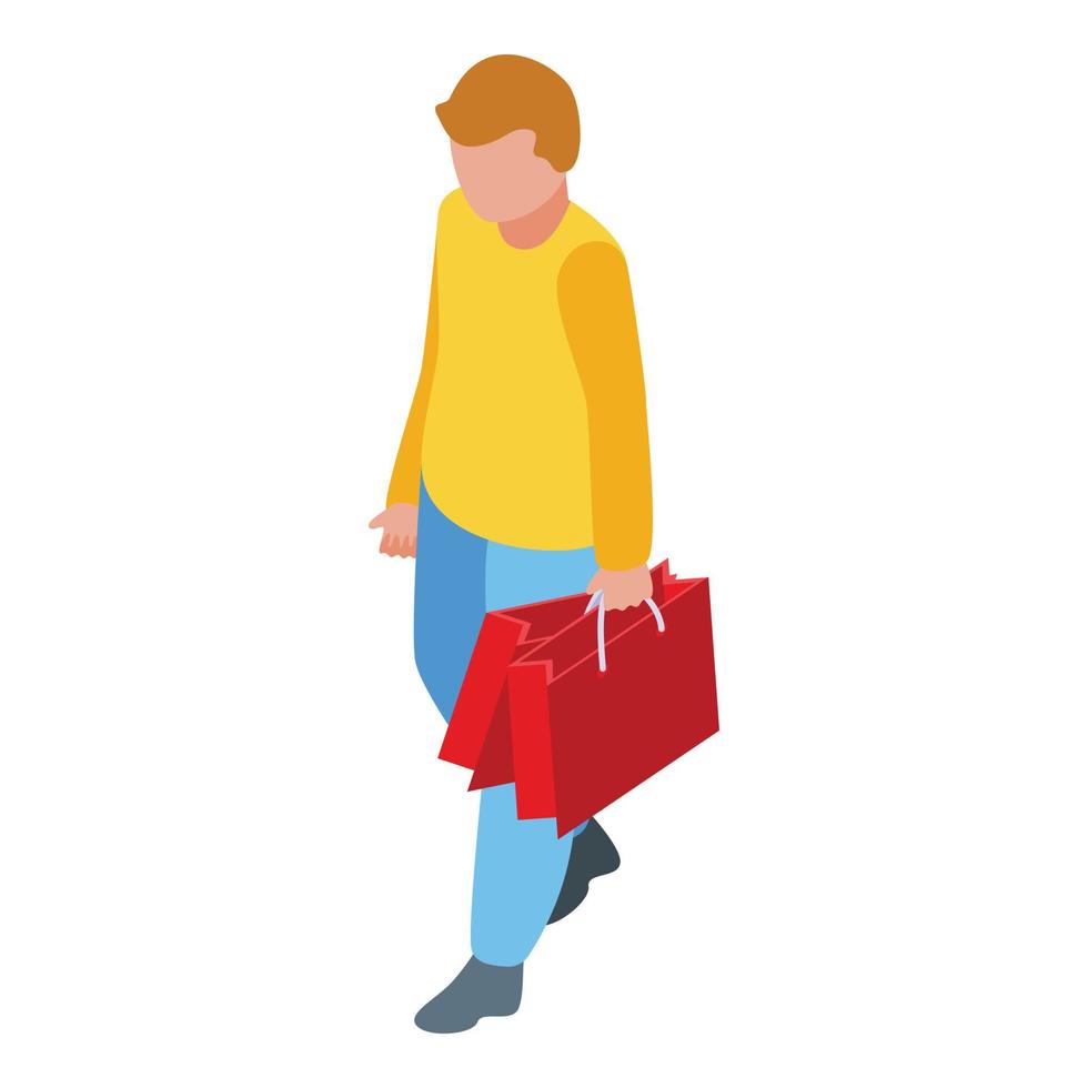 Syndrome down boy goind to shoping icon isometric vector. Child day vector