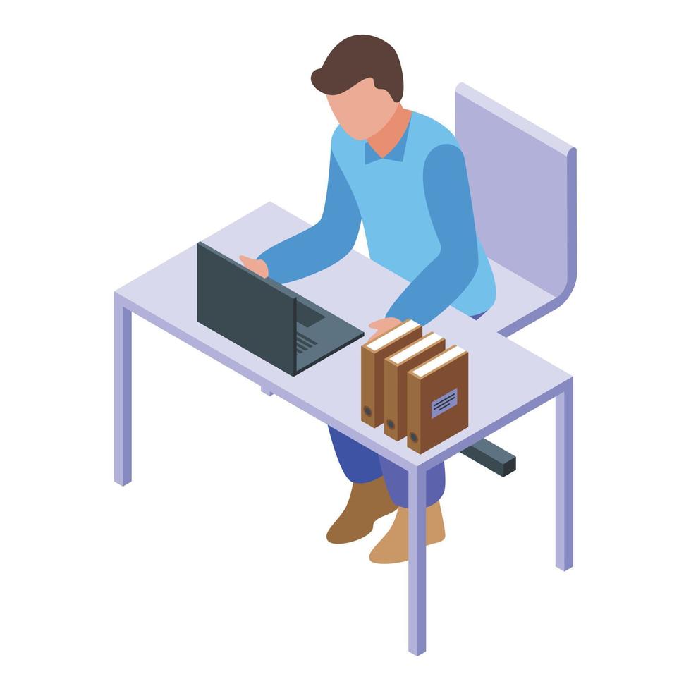 Laptop man icon isometric vector. Computer work vector