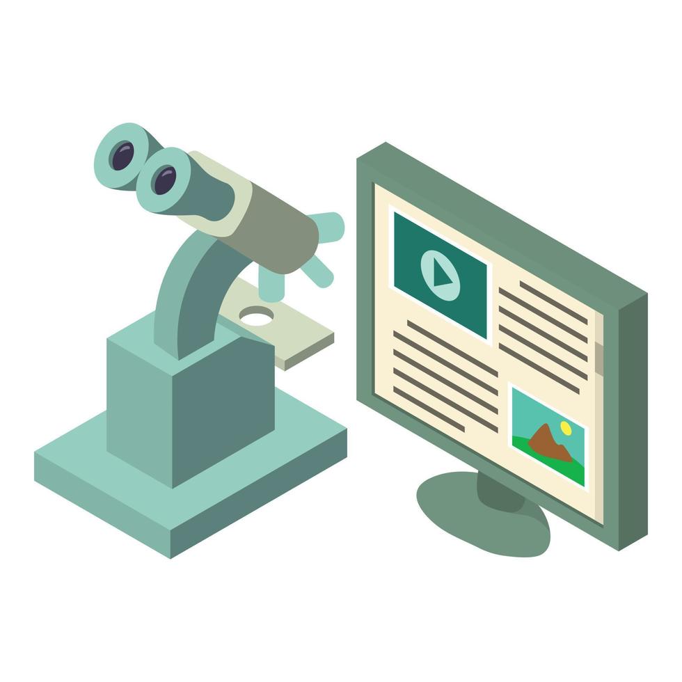 Laboratory equipment icon isometric vector. Microscope near computer screen icon vector