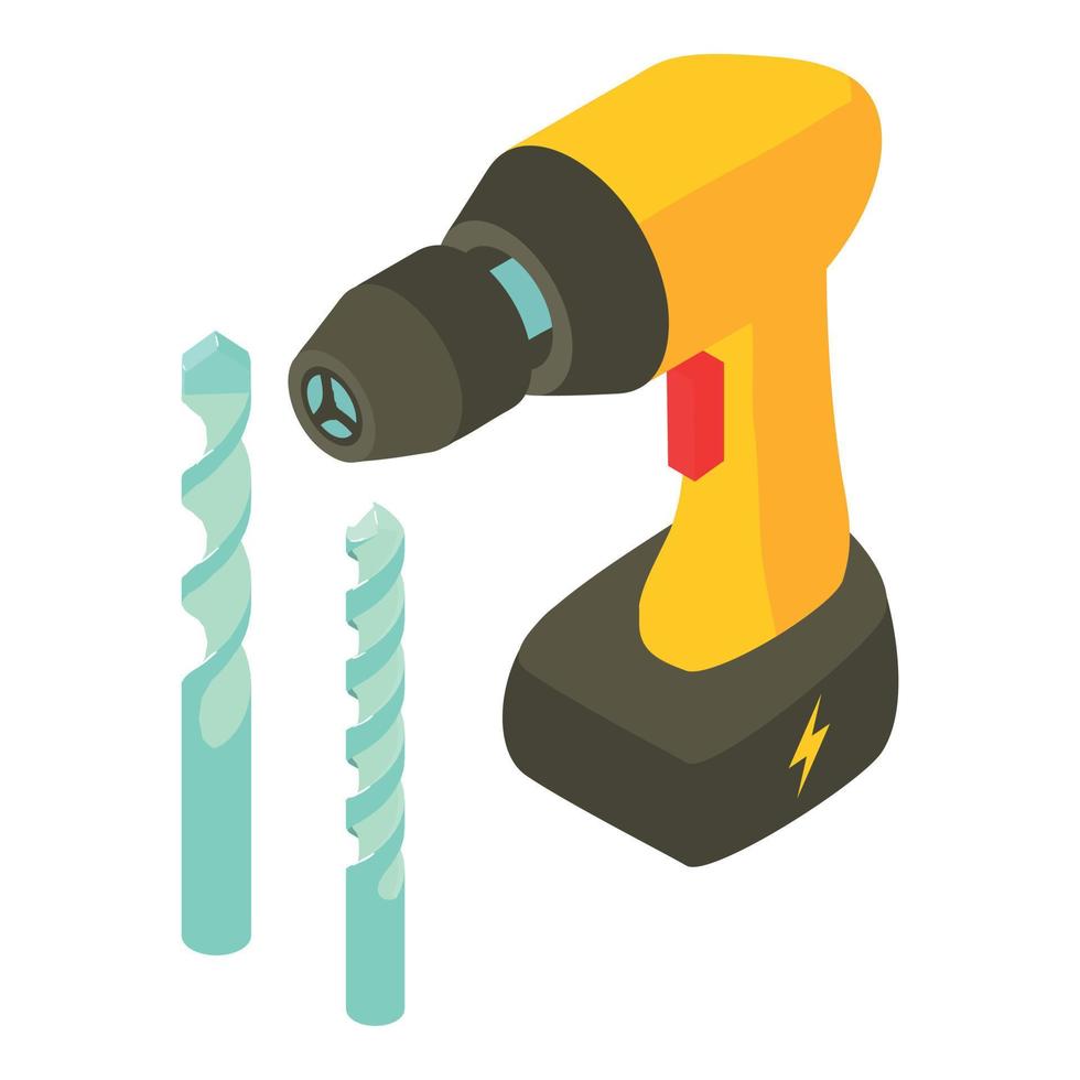 Electric screwdriver icon isometric vector. Yellow screwdriver metal drill bit vector