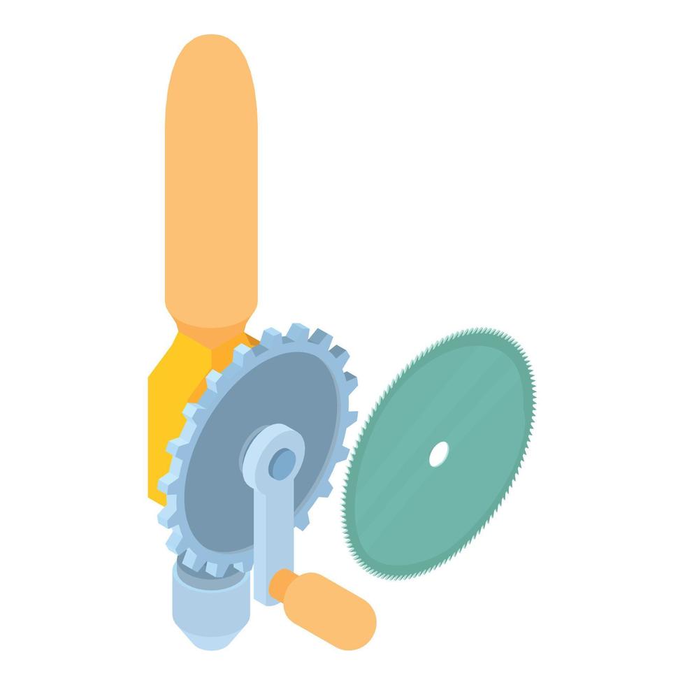 Manual drill icon isometric vector. Old manual drill tool and circular saw blade vector