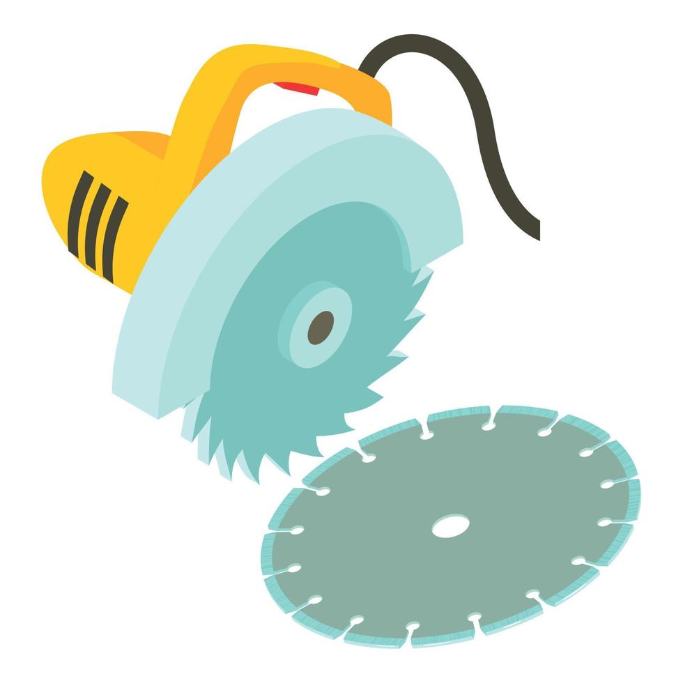 Electric saw icon isometric vector. Yellow electric saw and diamond cutting disc vector