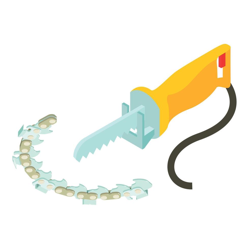 Reciprocating saw icon isometric vector. Yellow electric saw and chain sawblade vector