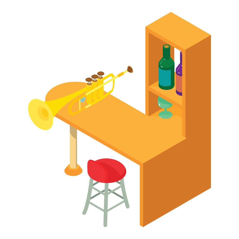 Trumpet icon isometric vector. Wind musical instrument on long bar wooden table vector