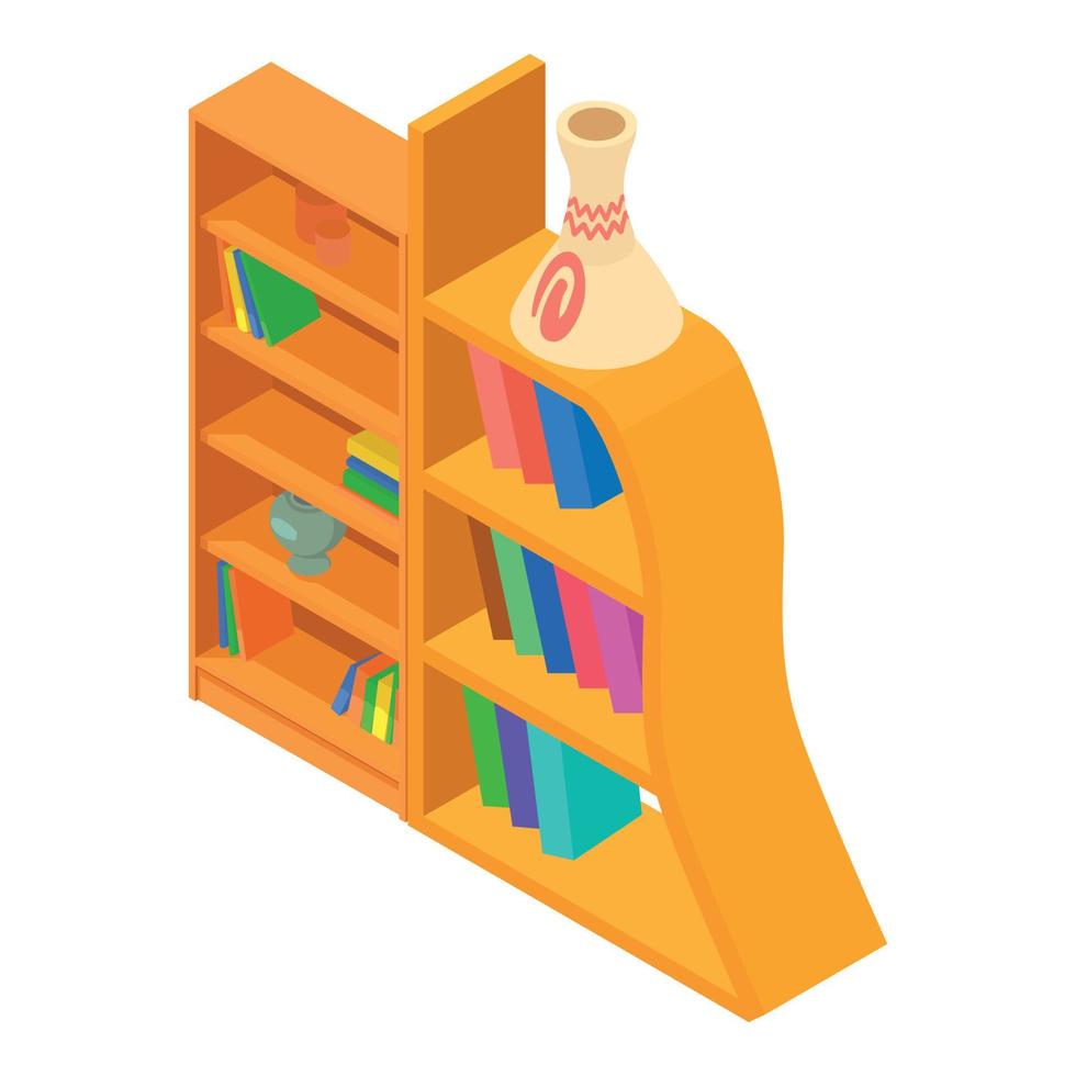 icono de librería vector isométrico. librería de madera con icono de libro multicolor