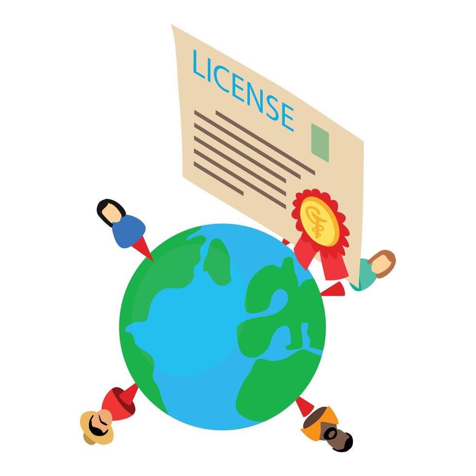 Physician association icon isometric vector. Character around planet med license vector