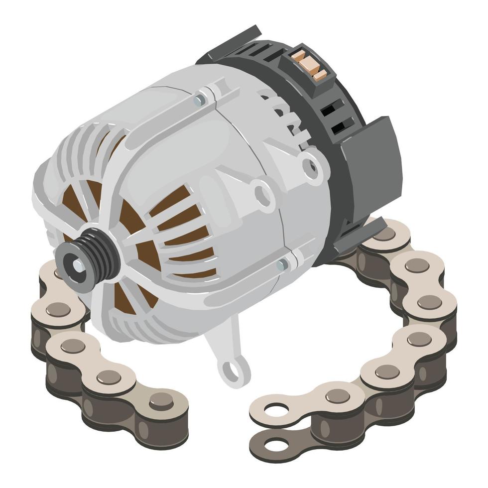 Modern detail icon isometric vector. Car alternator and bicycle drive chain icon vector
