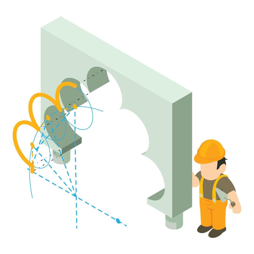 vector isométrico del icono del concepto de reconstrucción. hombre constructor con paleta cerca del arco