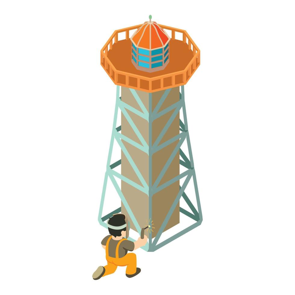 Lighthouse repair icon isometric vector. Welder carries welding work near beacon vector