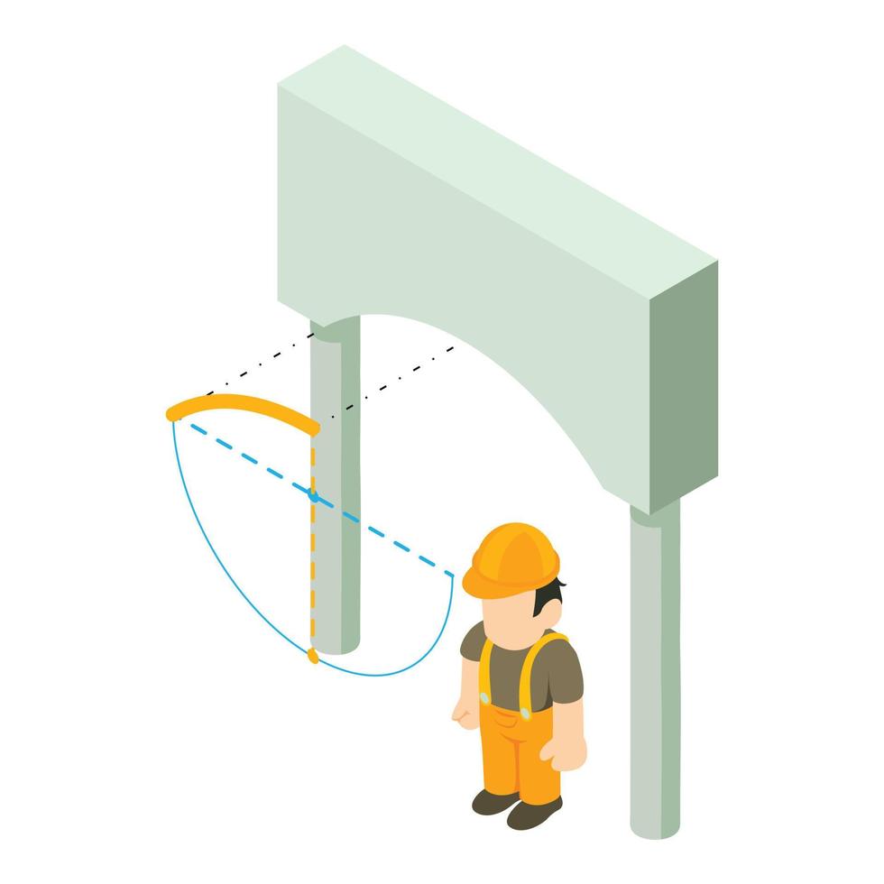 icono de trabajo de ingeniería vector isométrico. hombre ingeniero cerca del modelo del icono del arco