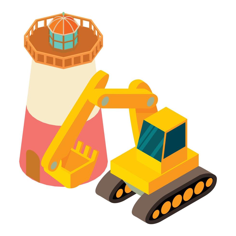 icono de trabajo de construcción vector isométrico. excavadora sobre orugas cerca del icono del faro