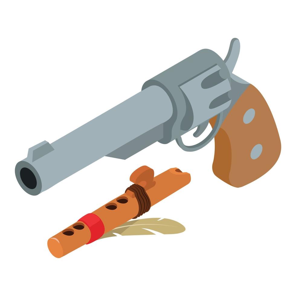 Wild western icon isometric vector. Realistic retro revolver and flute of indian vector